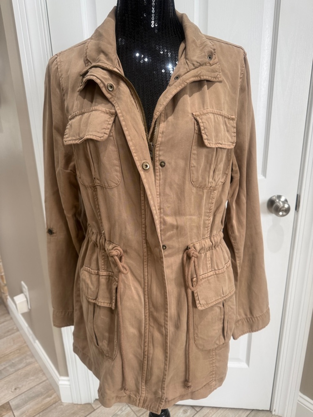 Women's Tan Tencil Utility Jacket with Drawstring Waist